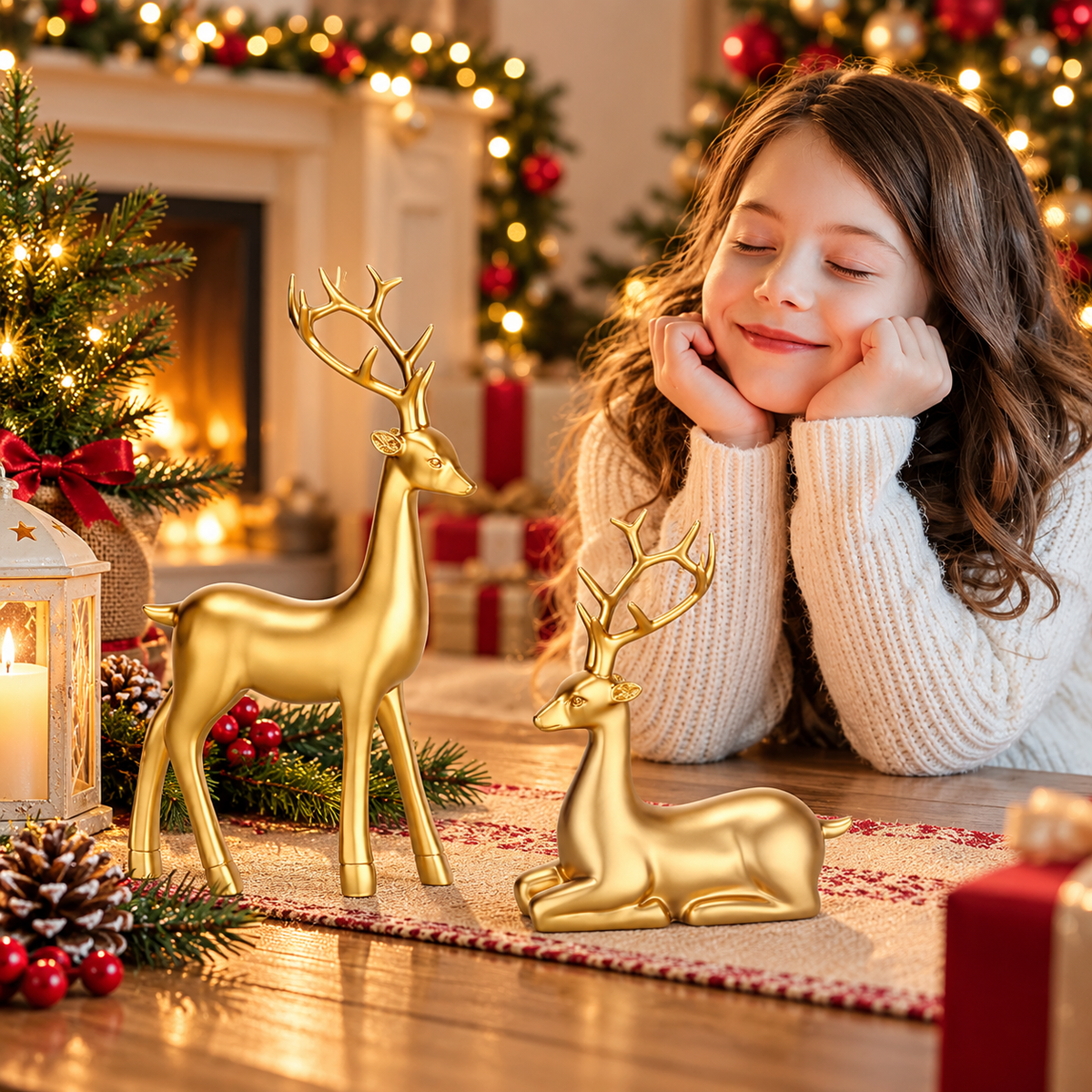 Golden Reindeer Figurines – Set of 4