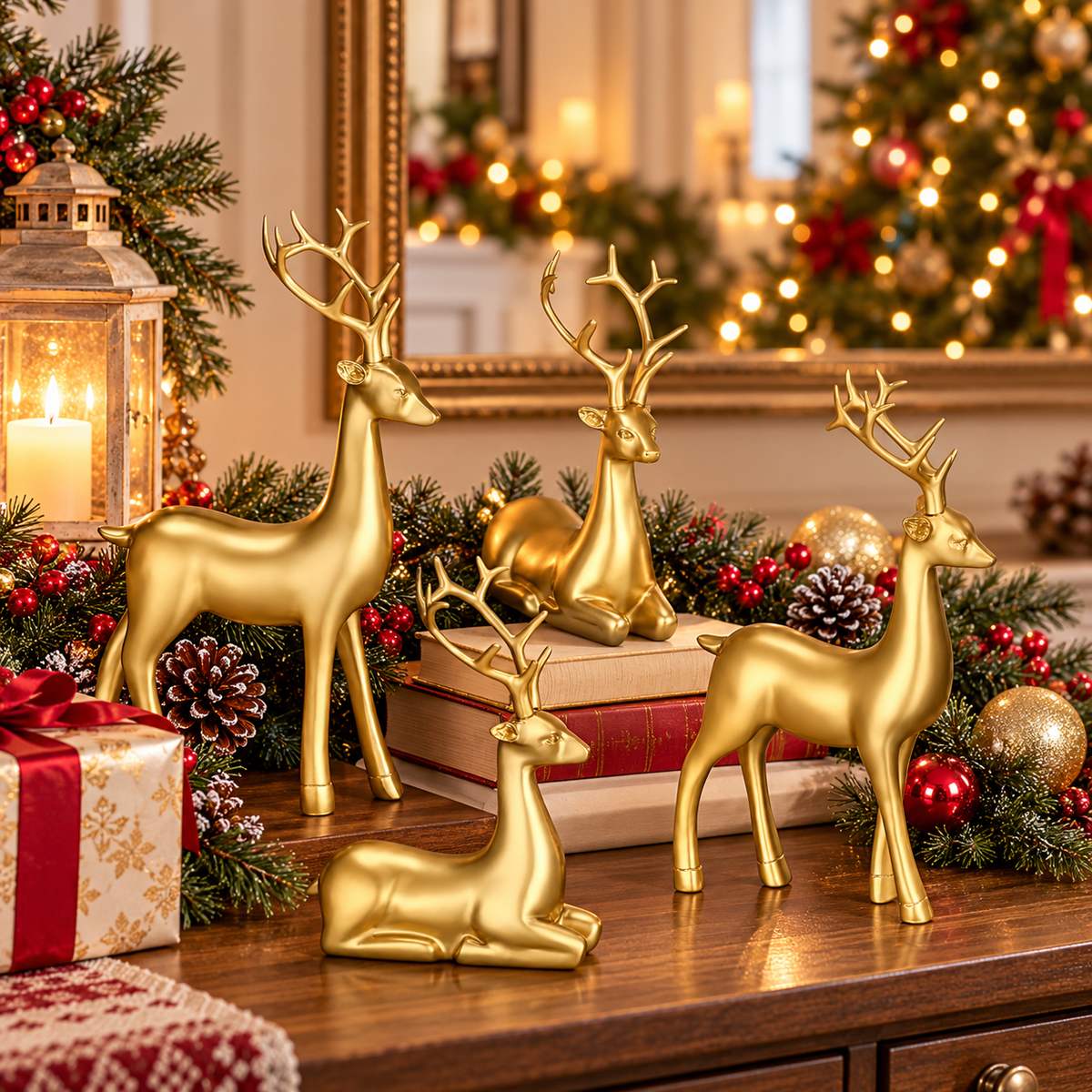 Golden Reindeer Figurines – Set of 4